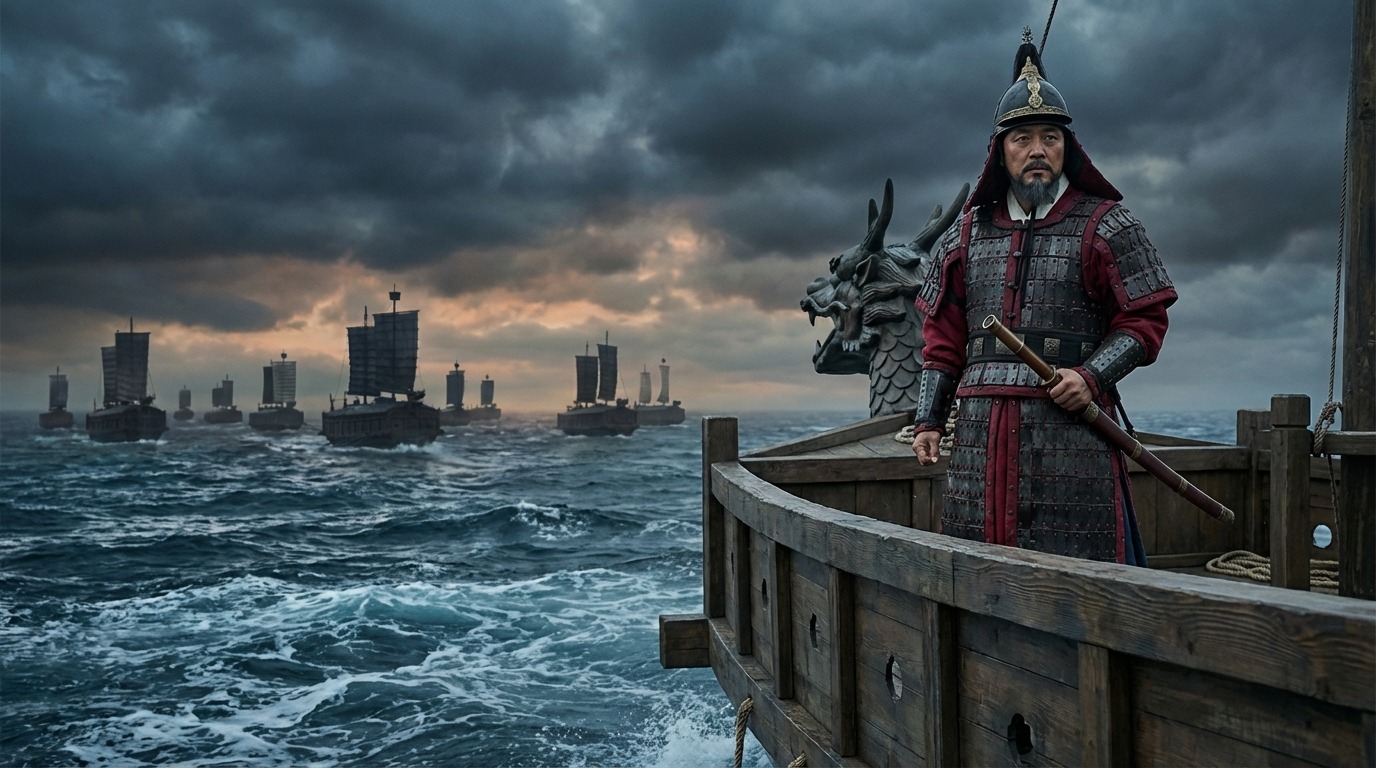 거북선 위 이순신 장군, 격렬한 해전 속 불굴의 의지