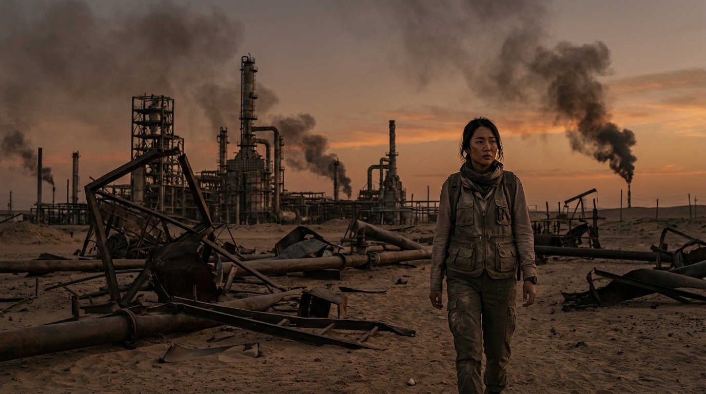 폐허가 된 정유 시설을 걷는 한국인 인도주의 활동가