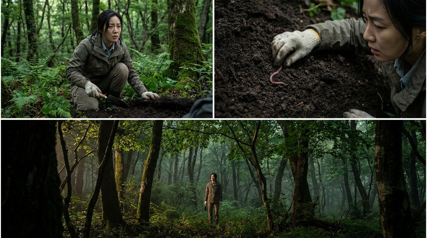 울창한 숲에서 두꺼운 두식층을 조사하는 한국 생태학자, 토양 생태계의 숨겨진 위험을 탐구