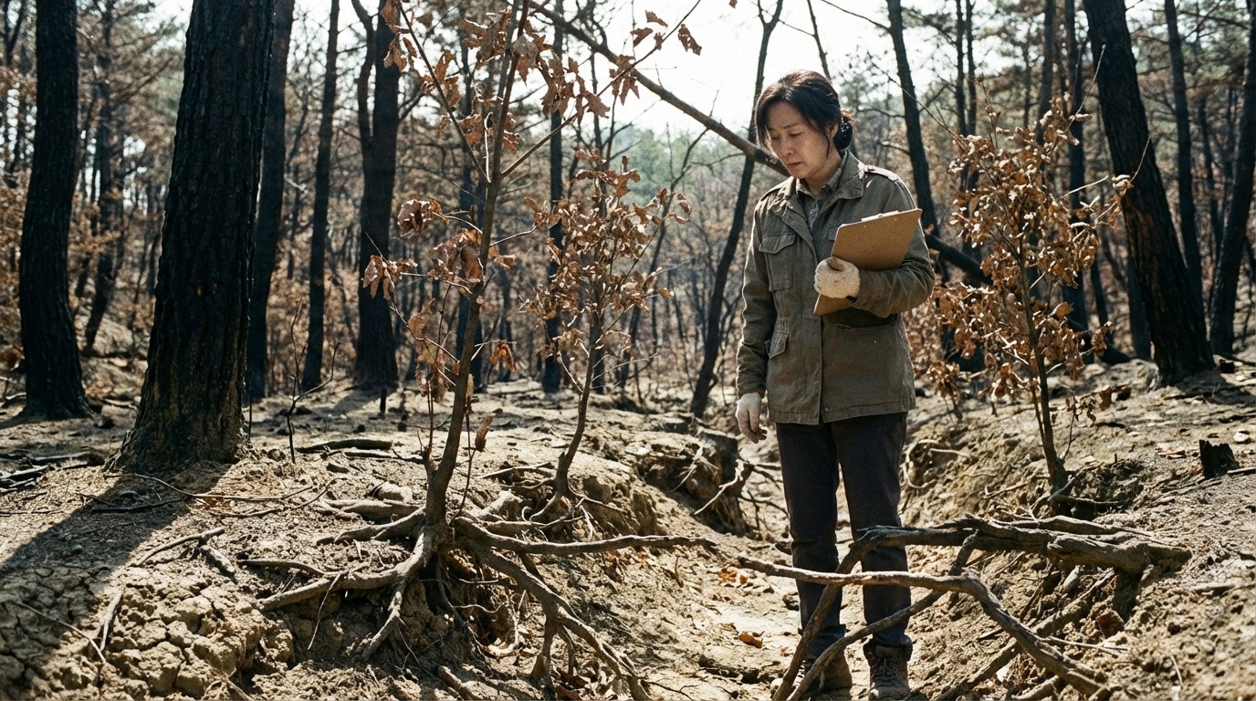 두식층이 사라지고 뿌리가 드러난 황폐한 숲, 침입 지렁이로 인한 생태계 파괴와 상실감