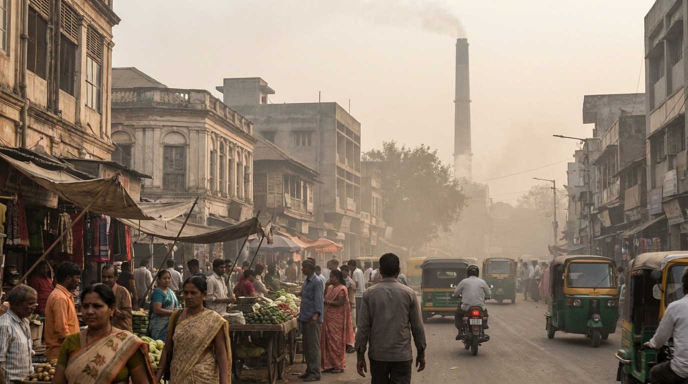 인도의 북적이는 길거리 풍경, 저렴한 주택과 심각한 대기오염 문제