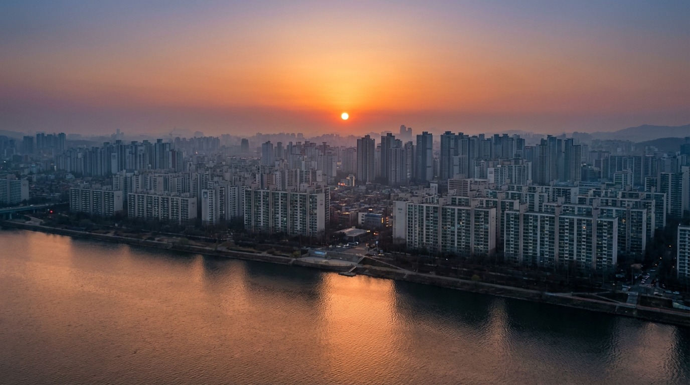한국의 높은 부동산 가격과 주거 문제, 해질녘 고층 아파트 단지의 전경