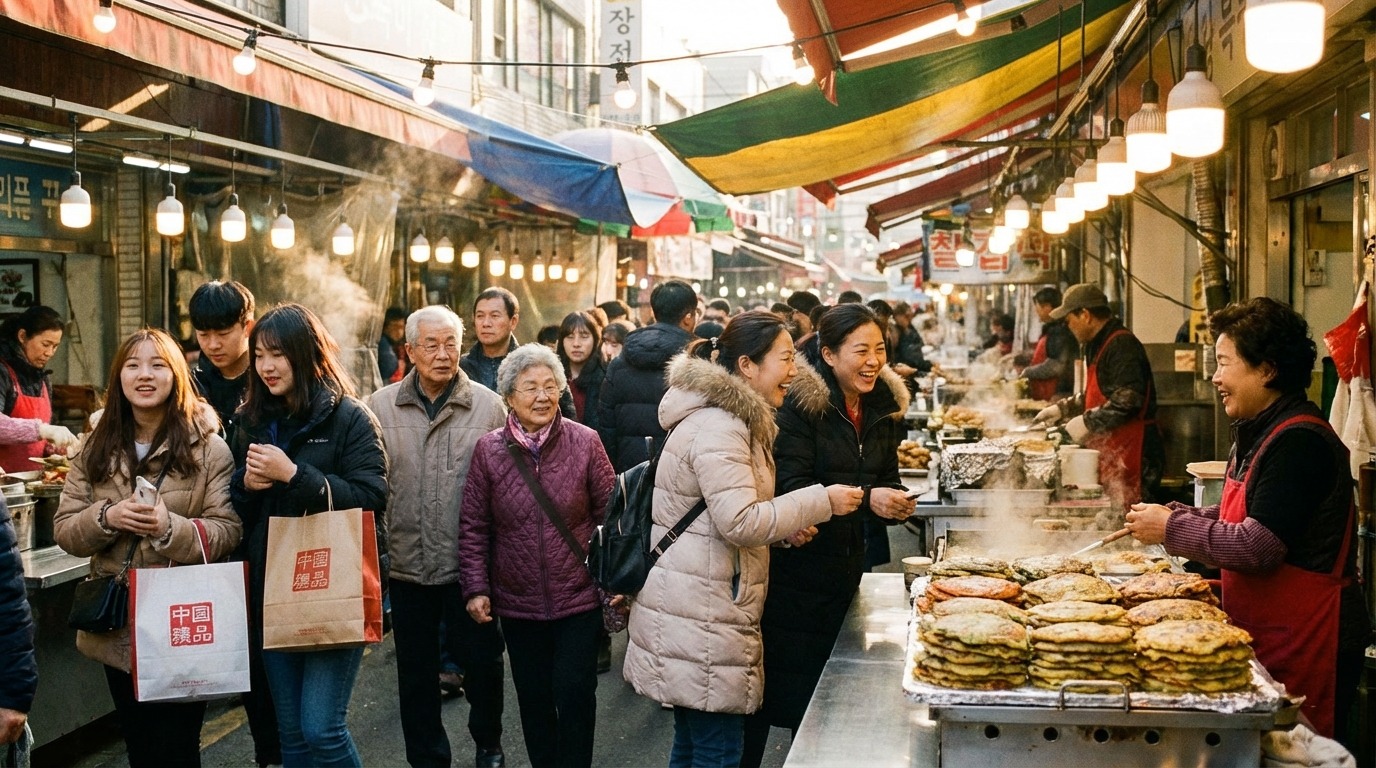 활기찬 한국 전통 시장에서 즐거운 외국인 관광객들