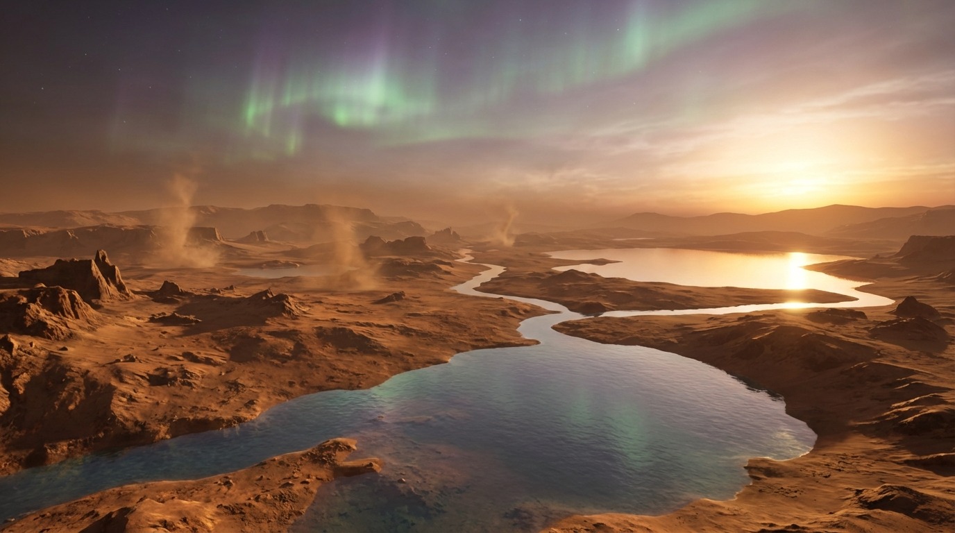 초기 화성 풍경: 붉은 사막과 흐르는 물, 자기장으로 인한 희미한 오로라가 있는 행성 모습