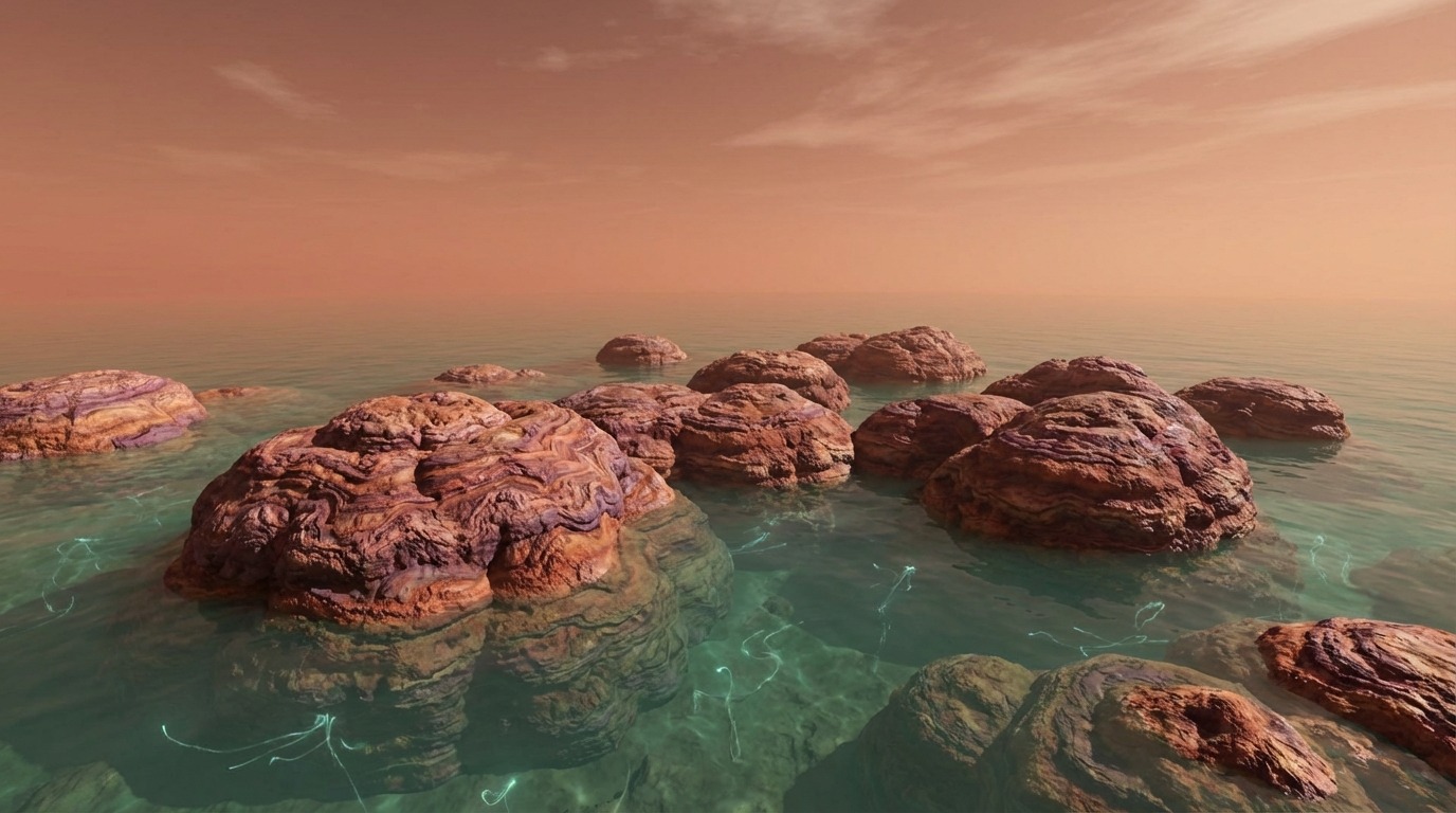 고대 화성 해양 속 스트로마톨라이트: 층을 이룬 미생물 구조가 초록빛 물과 붉은 하늘 아래에 있는 모습