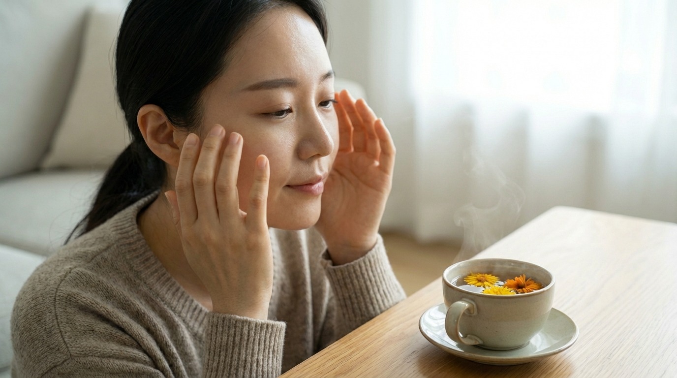 사무실에서 눈 운동하는 직장인