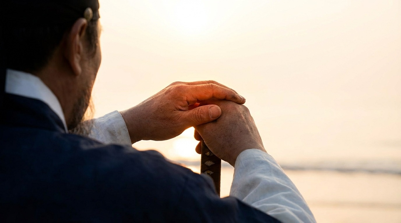 새벽 바다를 응시하는 이순신 장군, 절망 속에서도 희망을 찾다
