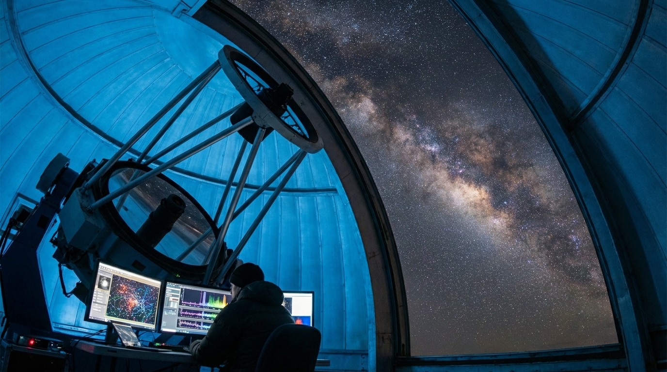 몽골 고비 사막의 밤하늘 아래에서 별을 관측하며 우주의 경이로움을 느끼는 천문학자의 모습