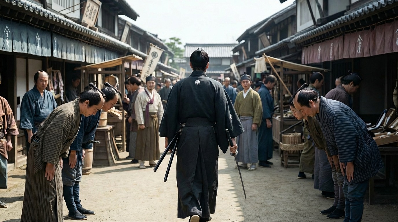 사무라이에게 정중하게 인사하는 상인들로 북적이는 에도 시대 거리 풍경