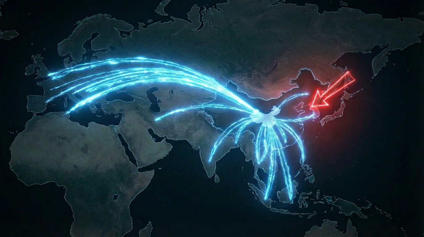 세계 지도에 중국에서 유럽, 동남아, 한국으로 빠르게 확장하는 중국 전기차 수출 경로가 빛나는 선으로 표시된 모습