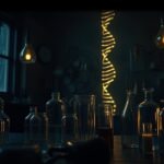 희미한 빈티지 실험실과 DNA 나선 — 금지된 실험의 역사