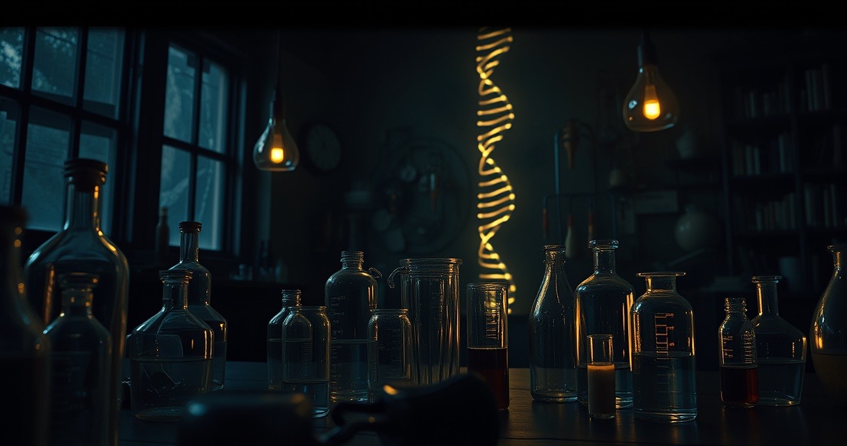 희미한 빈티지 실험실과 DNA 나선 — 금지된 실험의 역사